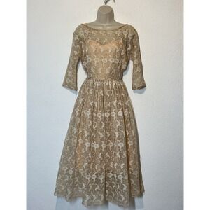 Vintage 1960s Jerry Gilden Fit & Flare Sheer Overlay Peach Slip Dress Glam‎